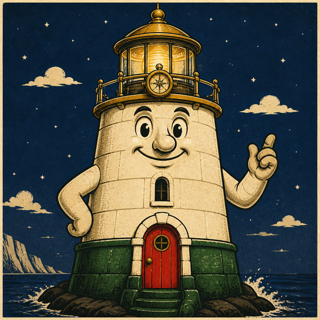 Beacon, the Visit Casino lighthouse mascot, on cream paper with a brass lantern and pillar-box red door